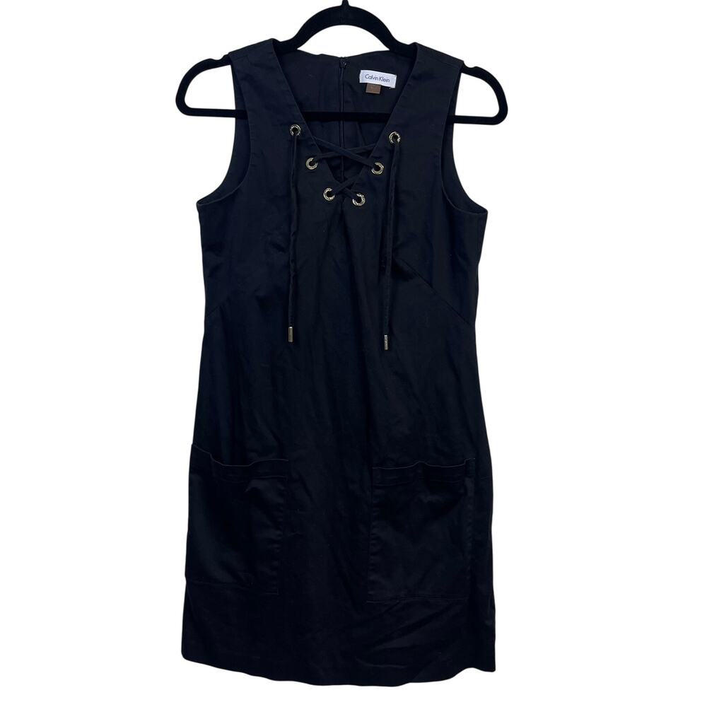 Calvin Klein Black Cotton Fitted Dress Women’s 8 Grommet Lace Up Detail